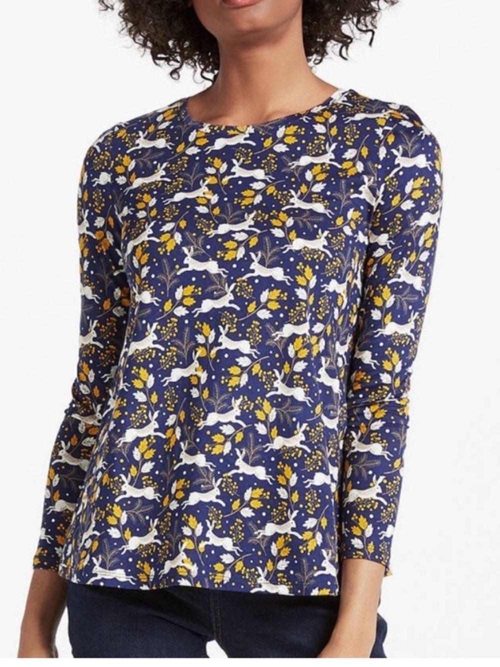 Boden Hare Rabbit Print Long Sleeve Crewneck Top